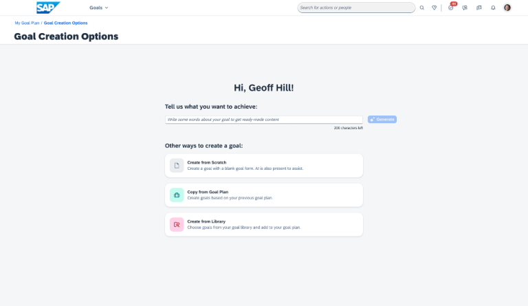 SAP SuccessFactors-scherm met opties om doelen aan te maken: AI-genereren, vanaf nul, kopiëren uit doelplan of kiezen uit bibliotheek.