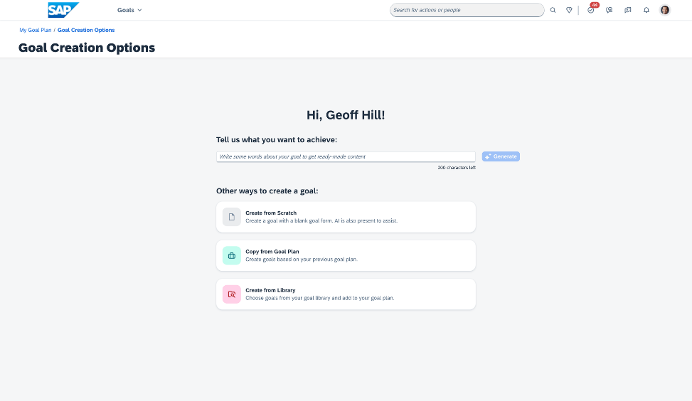 SAP SuccessFactors-scherm met opties om doelen aan te maken: AI-genereren, vanaf nul, kopiëren uit doelplan of kiezen uit bibliotheek.
