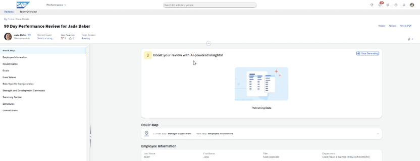 SAP SuccessFactors-scherm met 90 dagen performance review en AI-gegenereerde inzichten voor medewerkerbeoordeling.