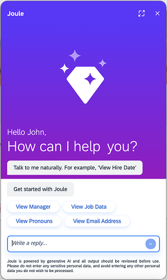 Screenshot van Joule HR-chatassistent met knoppen voor HR-gegevens zoals manager, functiedata en e-mailadres.